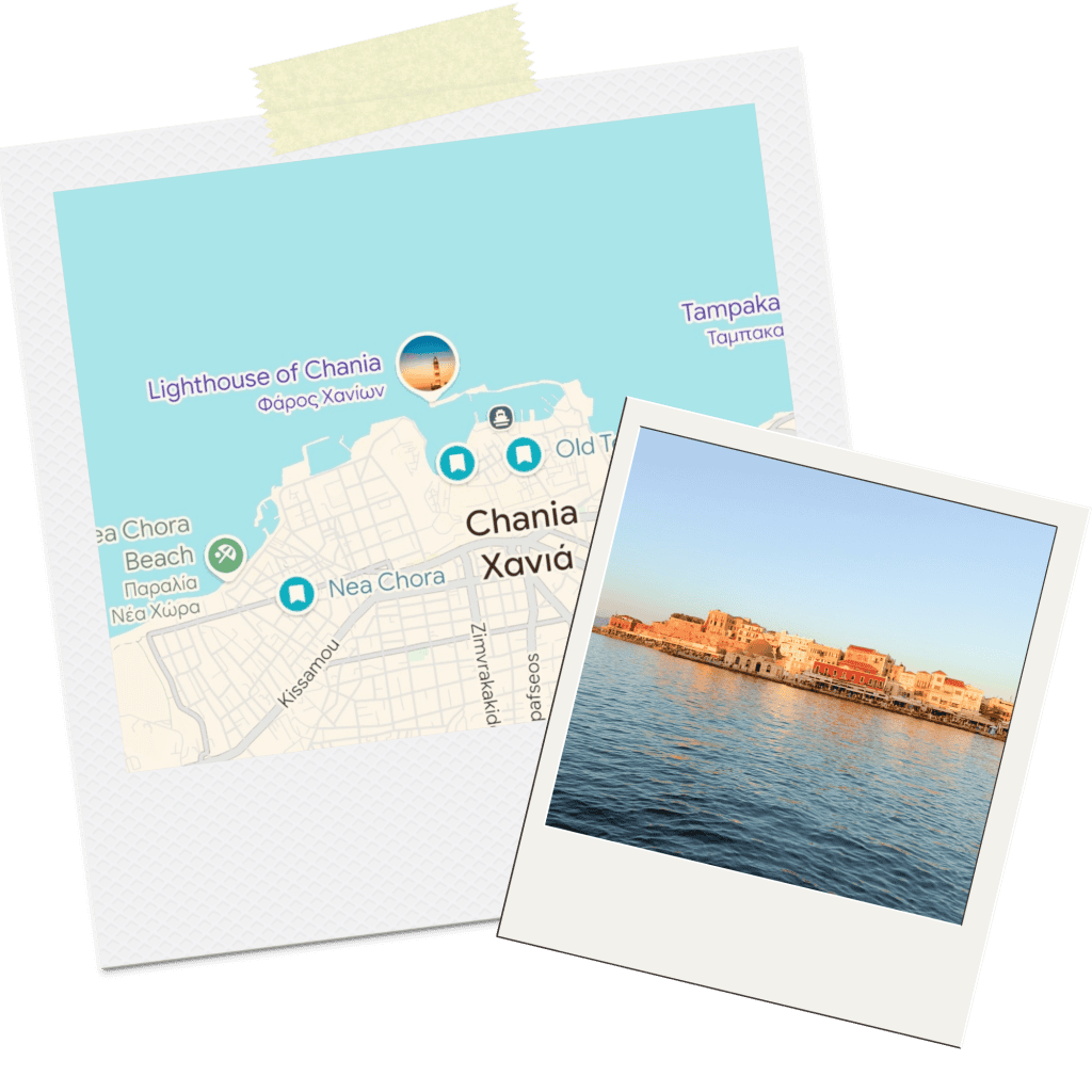 Chania map and view of harbour on a polaroid frame