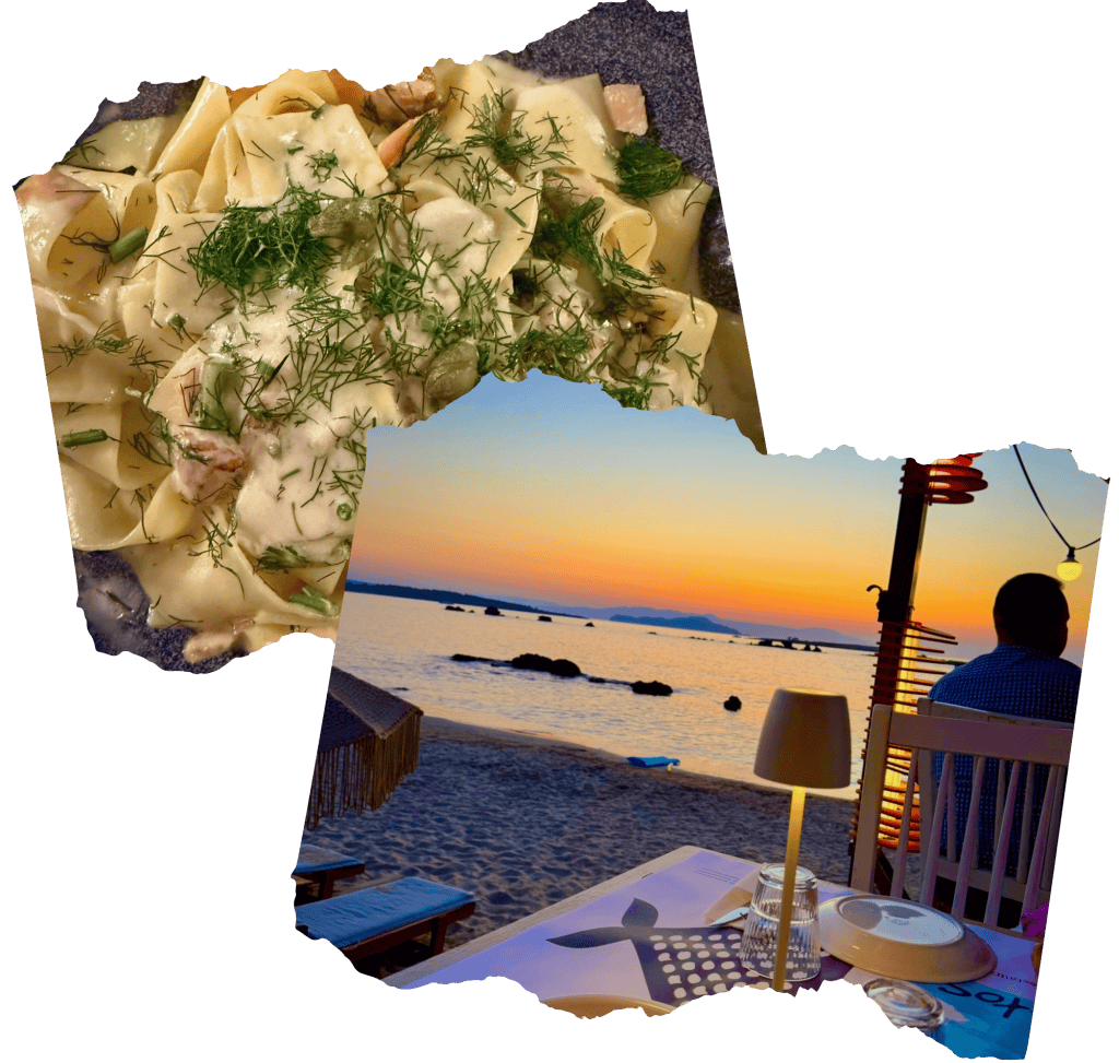 Kertos restaurant, Chania, Crete, salom pasta dish and sunset over a ripped page frame