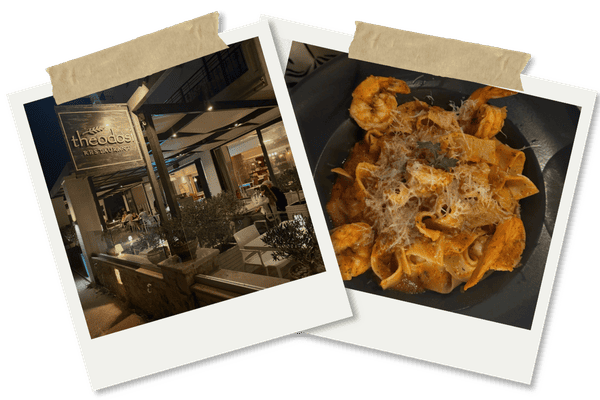 Theodosi restaurant Chania - entrance and pasta dish on a polaroid frame