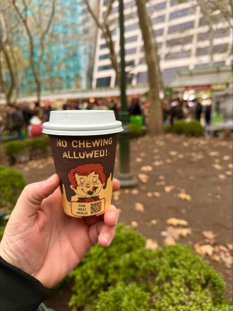 No Chewing allowed hot chocolate at Bryant Park Winter Village