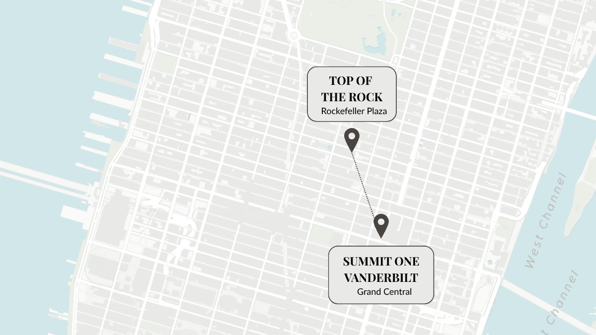Map Manhattan showing Summit One Vanderbilt and Top of the Rock 2