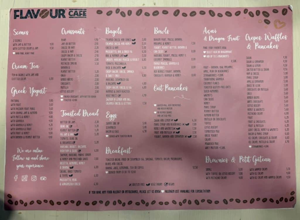 Flavour cafe - Tavira - breakfast menu