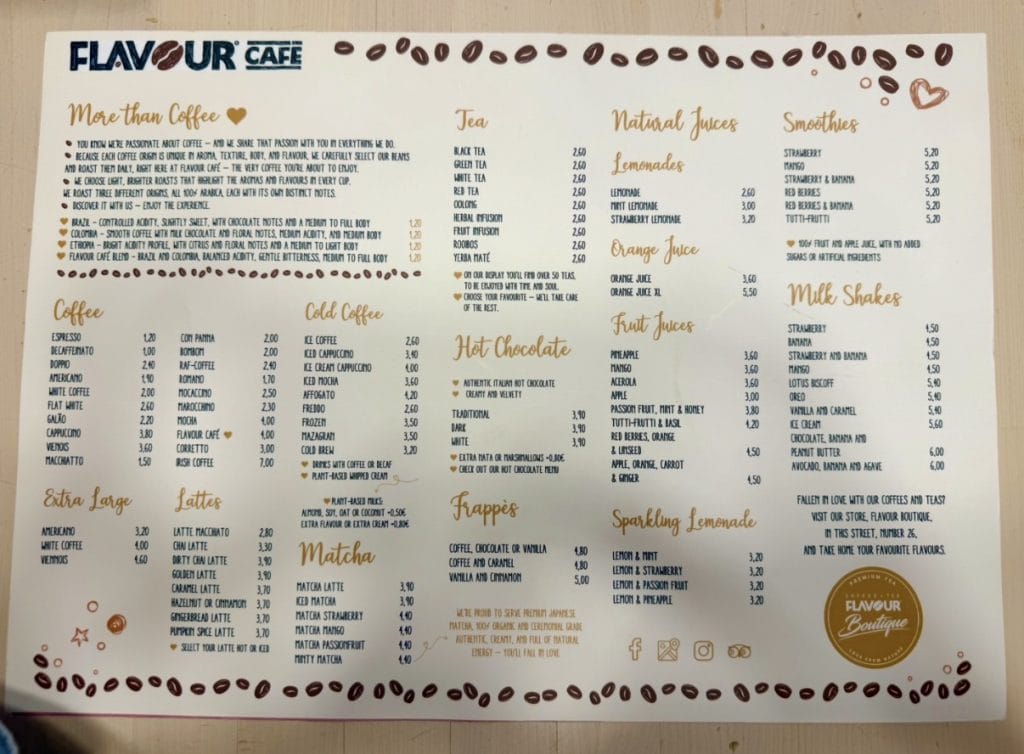 Flavour cafe - Tavira - drinks menu