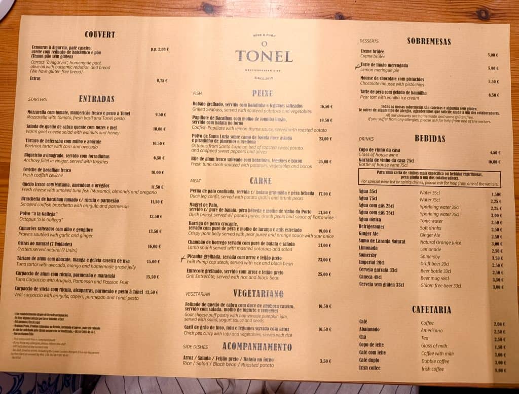 O'Tonel Tavira Menu