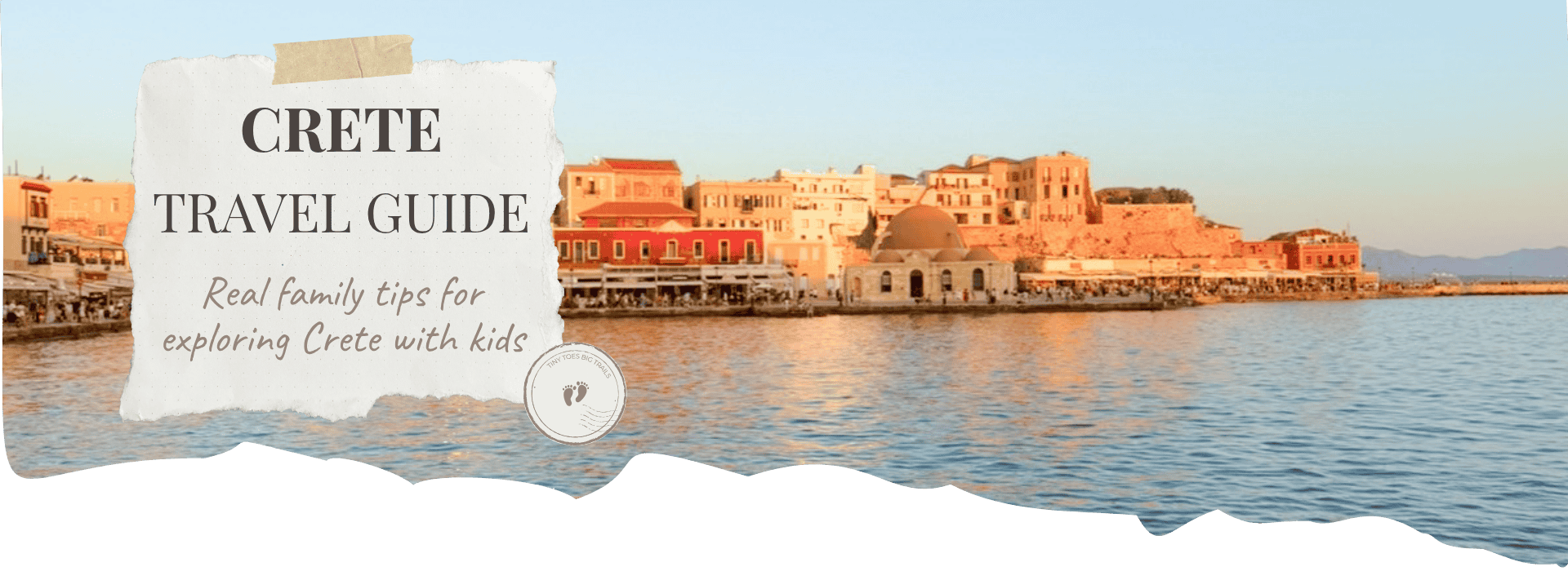 Crete travel guide banner - Chania harbour and title